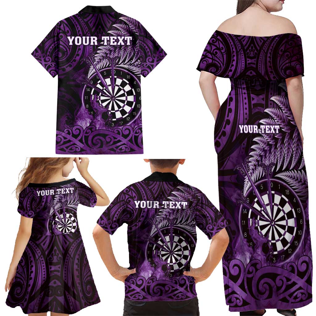Personalised New Zealand Darts Family Matching Off Shoulder Maxi Dress and Hawaiian Shirt Maori Koru Dartboard Purple Flame LT05 - Polynesian Pride