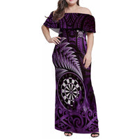 Personalised New Zealand Darts Family Matching Off Shoulder Maxi Dress and Hawaiian Shirt Maori Koru Dartboard Purple Flame LT05 Mom's Dress Purple - Polynesian Pride