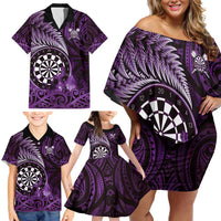 Personalised New Zealand Darts Family Matching Off Shoulder Short Dress and Hawaiian Shirt Maori Koru Dartboard Purple Flame LT05 - Polynesian Pride