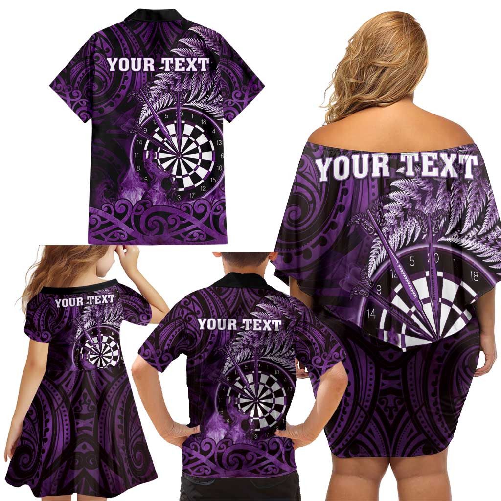 Personalised New Zealand Darts Family Matching Off Shoulder Short Dress and Hawaiian Shirt Maori Koru Dartboard Purple Flame LT05 - Polynesian Pride