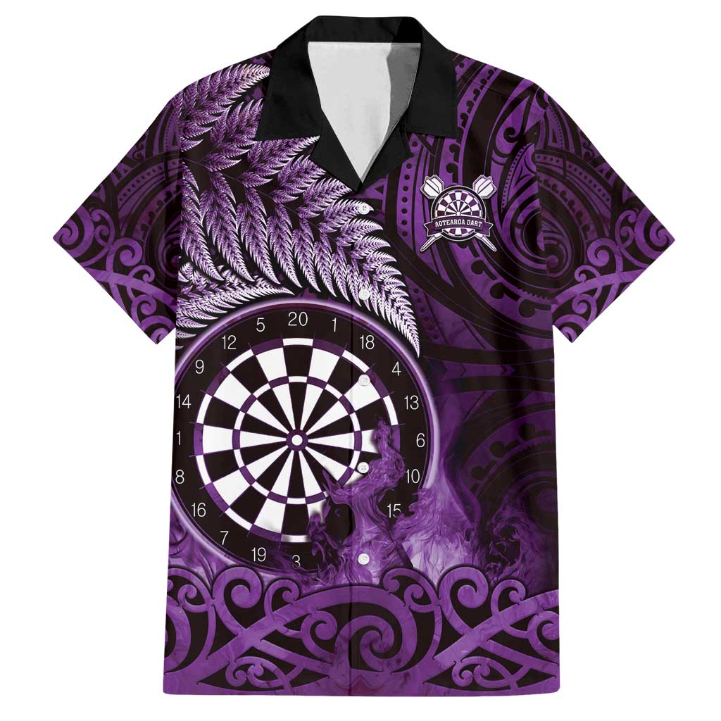 Personalised New Zealand Darts Family Matching Off Shoulder Short Dress and Hawaiian Shirt Maori Koru Dartboard Purple Flame LT05 Dad's Shirt - Short Sleeve Purple - Polynesian Pride