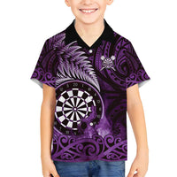 Personalised New Zealand Darts Family Matching Off Shoulder Short Dress and Hawaiian Shirt Maori Koru Dartboard Purple Flame LT05 Son's Shirt Purple - Polynesian Pride