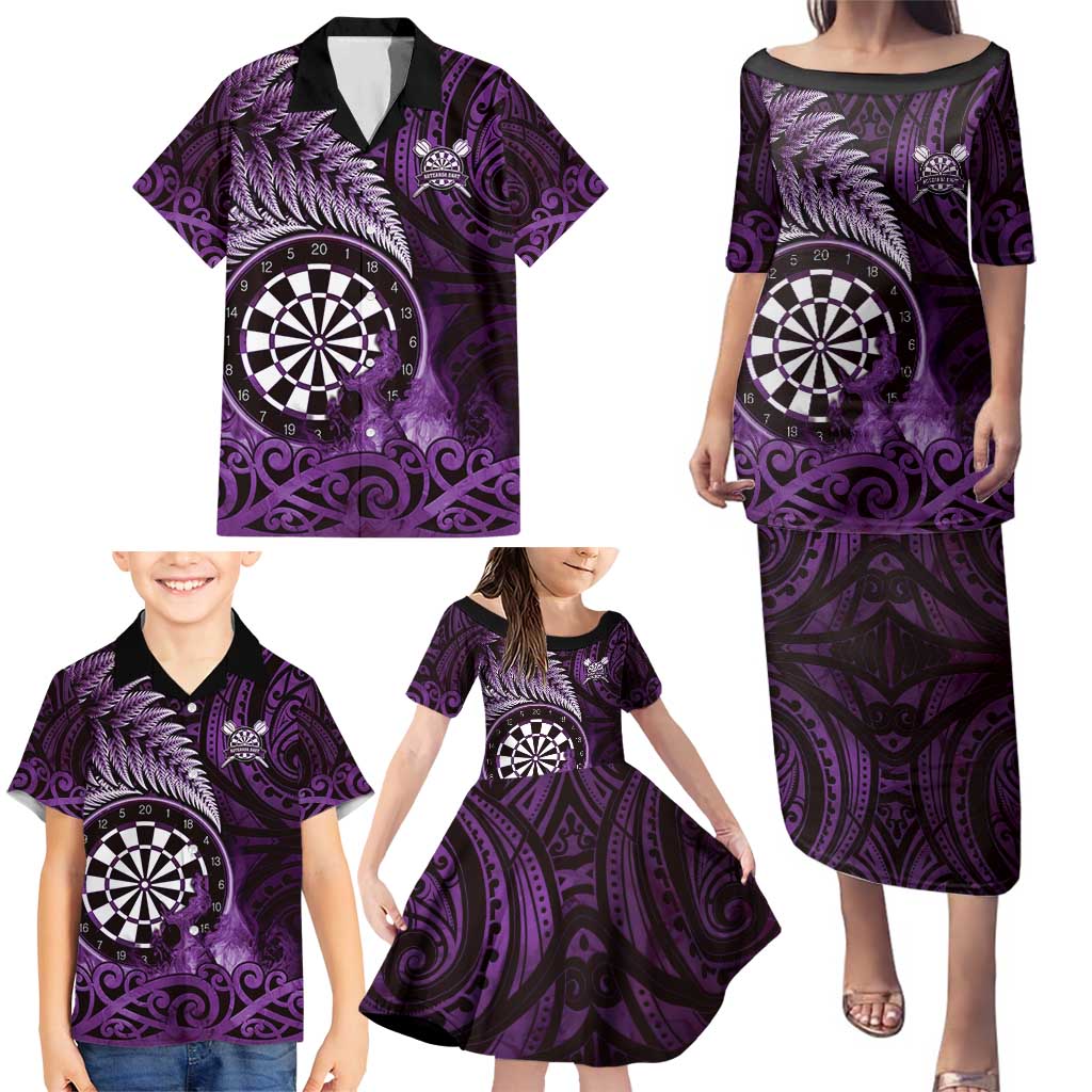 Personalised New Zealand Darts Family Matching Puletasi and Hawaiian Shirt Maori Koru Dartboard Purple Flame LT05 - Polynesian Pride