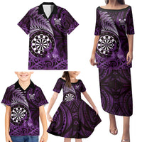 Personalised New Zealand Darts Family Matching Puletasi and Hawaiian Shirt Maori Koru Dartboard Purple Flame LT05 - Polynesian Pride