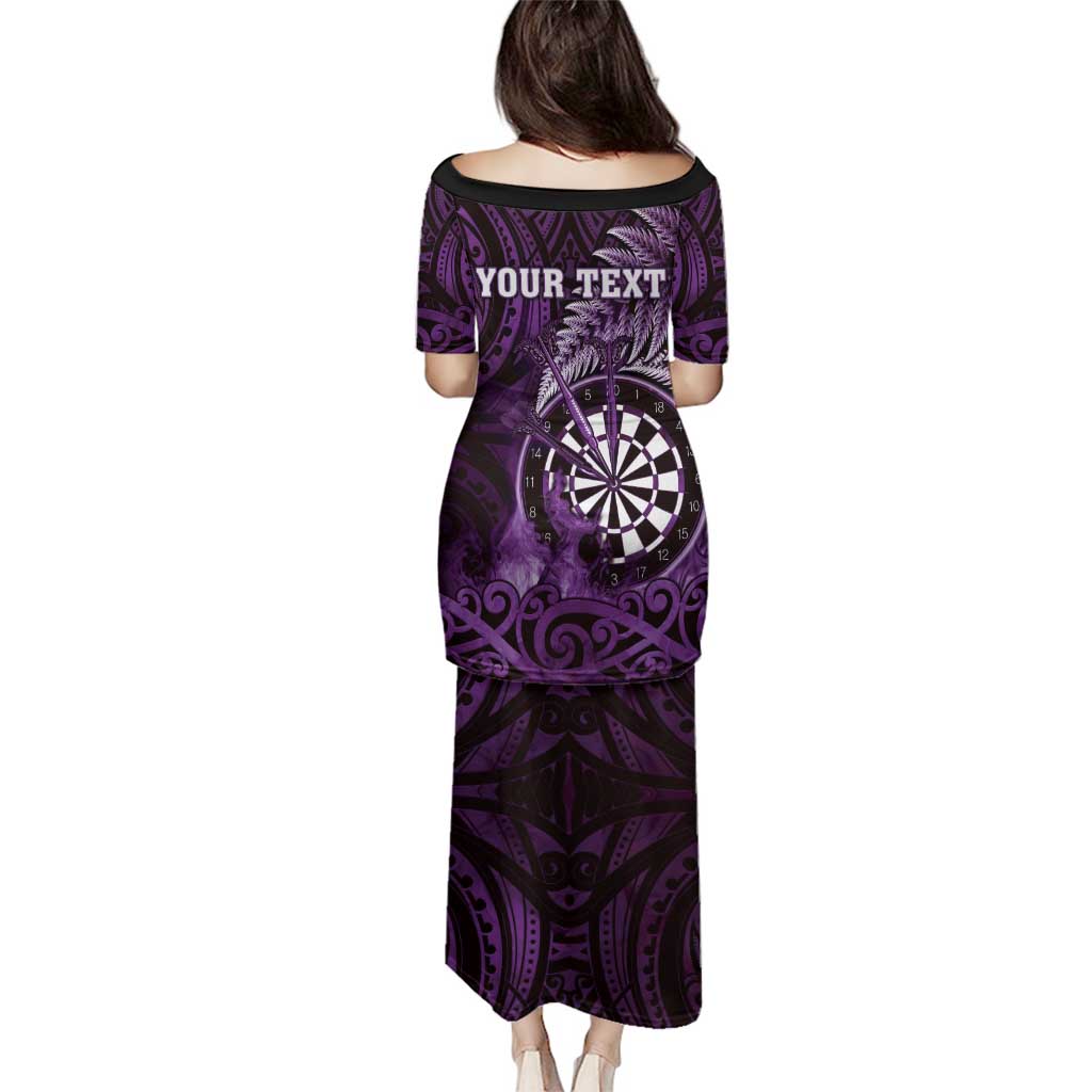 Personalised New Zealand Darts Family Matching Puletasi and Hawaiian Shirt Maori Koru Dartboard Purple Flame LT05 - Polynesian Pride