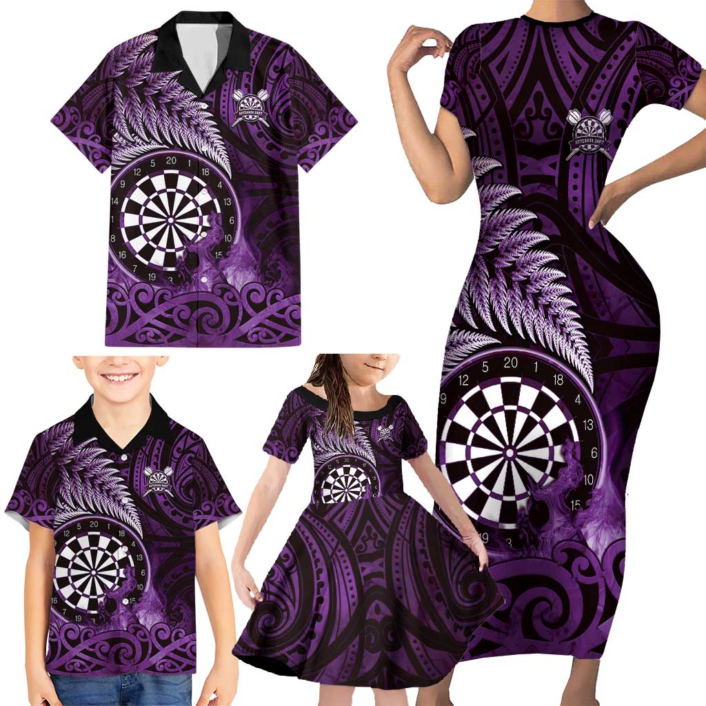 Personalised New Zealand Darts Family Matching Short Sleeve Bodycon Dress and Hawaiian Shirt Maori Koru Dartboard Purple Flame LT05 - Polynesian Pride