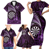 Personalised New Zealand Darts Family Matching Short Sleeve Bodycon Dress and Hawaiian Shirt Maori Koru Dartboard Purple Flame LT05 - Polynesian Pride