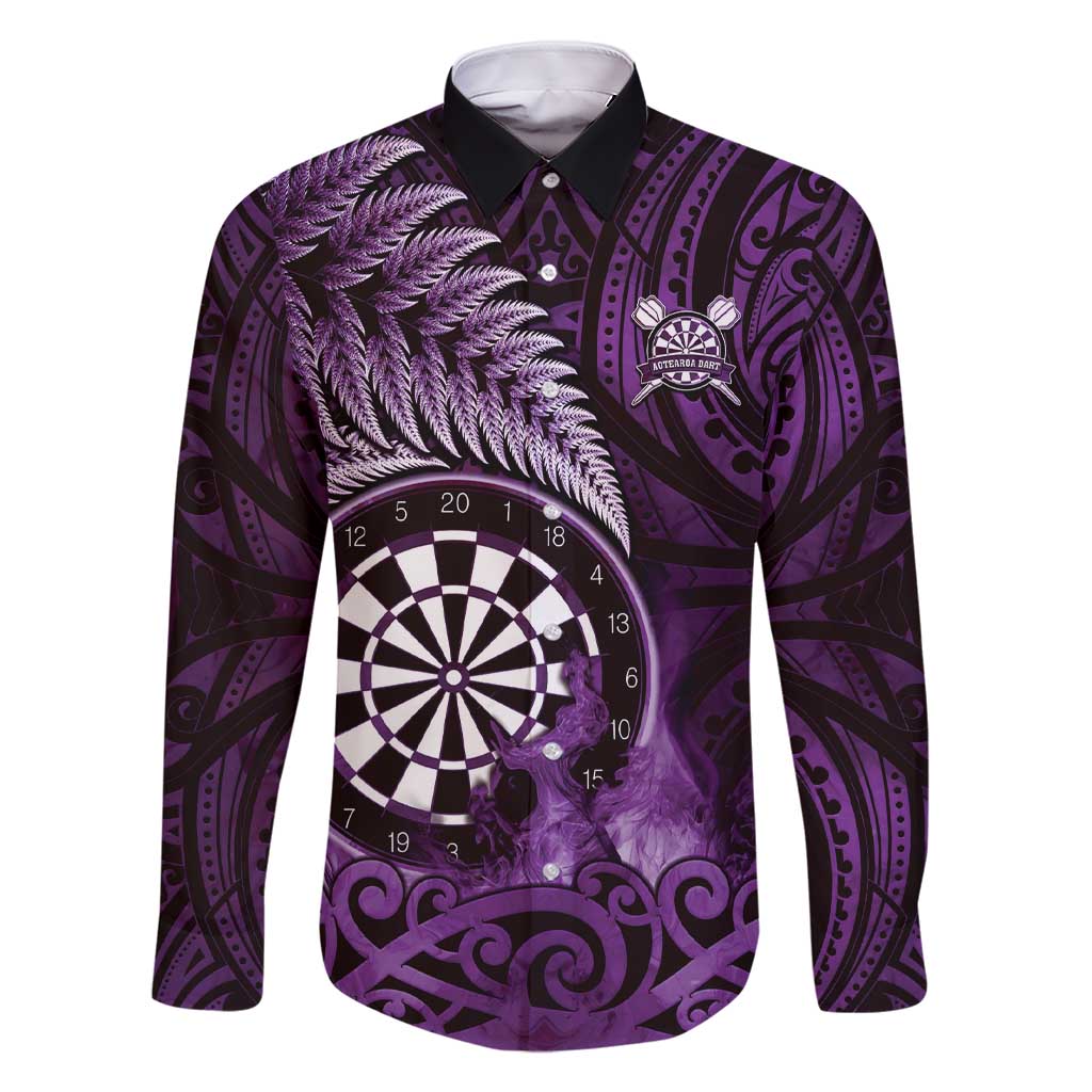 Personalised New Zealand Darts Family Matching Short Sleeve Bodycon Dress and Hawaiian Shirt Maori Koru Dartboard Purple Flame LT05 Dad's Shirt - Long Sleeve Purple - Polynesian Pride