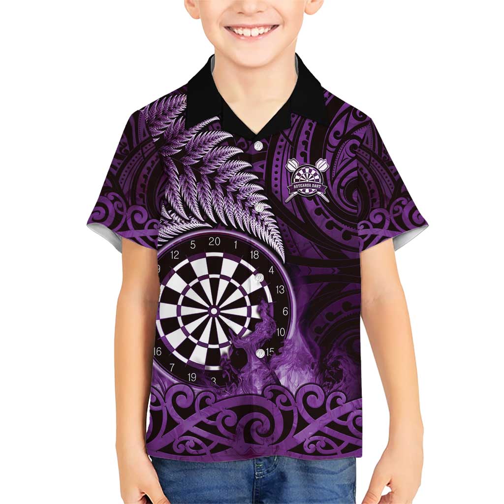 Personalised New Zealand Darts Family Matching Short Sleeve Bodycon Dress and Hawaiian Shirt Maori Koru Dartboard Purple Flame LT05 Son's Shirt Purple - Polynesian Pride