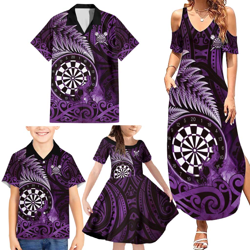 Personalised New Zealand Darts Family Matching Summer Maxi Dress and Hawaiian Shirt Maori Koru Dartboard Purple Flame LT05 - Polynesian Pride