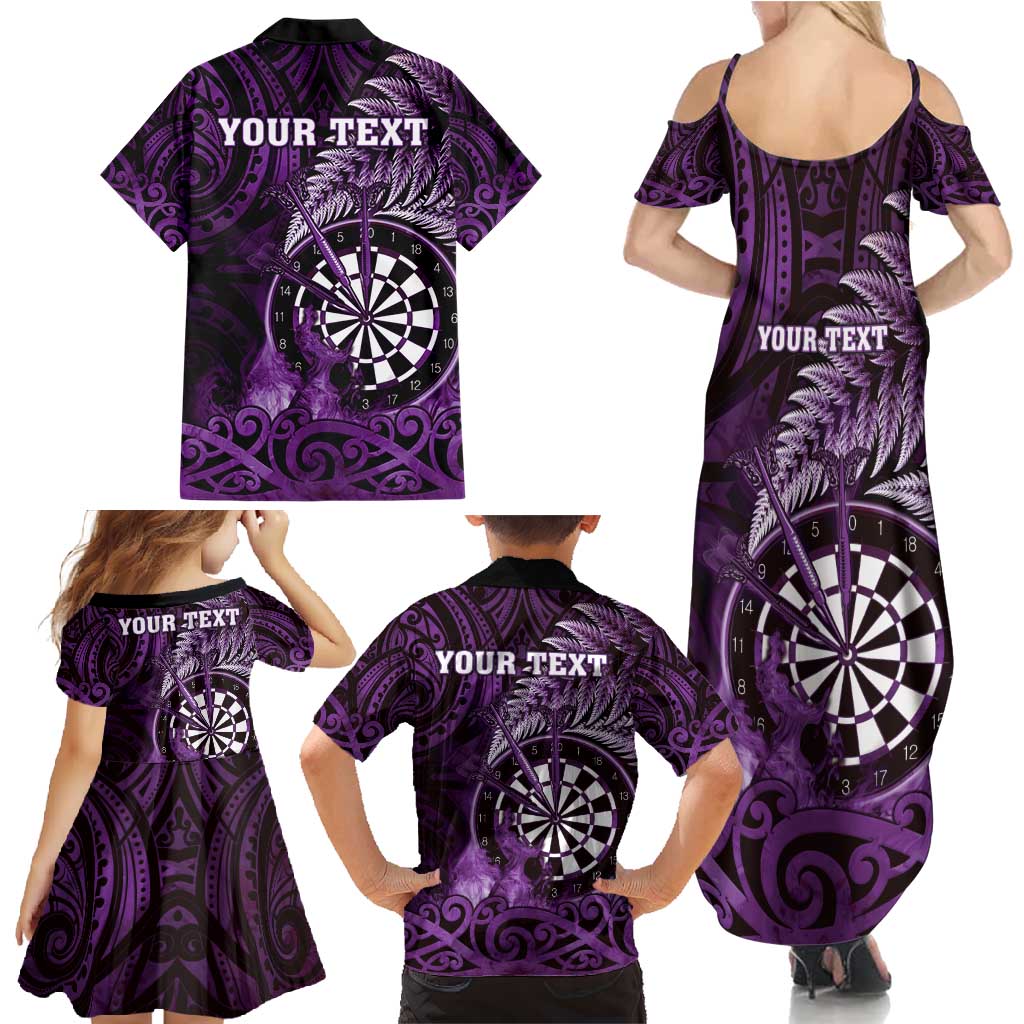 Personalised New Zealand Darts Family Matching Summer Maxi Dress and Hawaiian Shirt Maori Koru Dartboard Purple Flame LT05 - Polynesian Pride