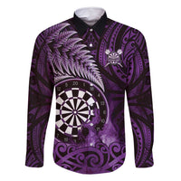 Personalised New Zealand Darts Family Matching Summer Maxi Dress and Hawaiian Shirt Maori Koru Dartboard Purple Flame LT05 Dad's Shirt - Long Sleeve Purple - Polynesian Pride