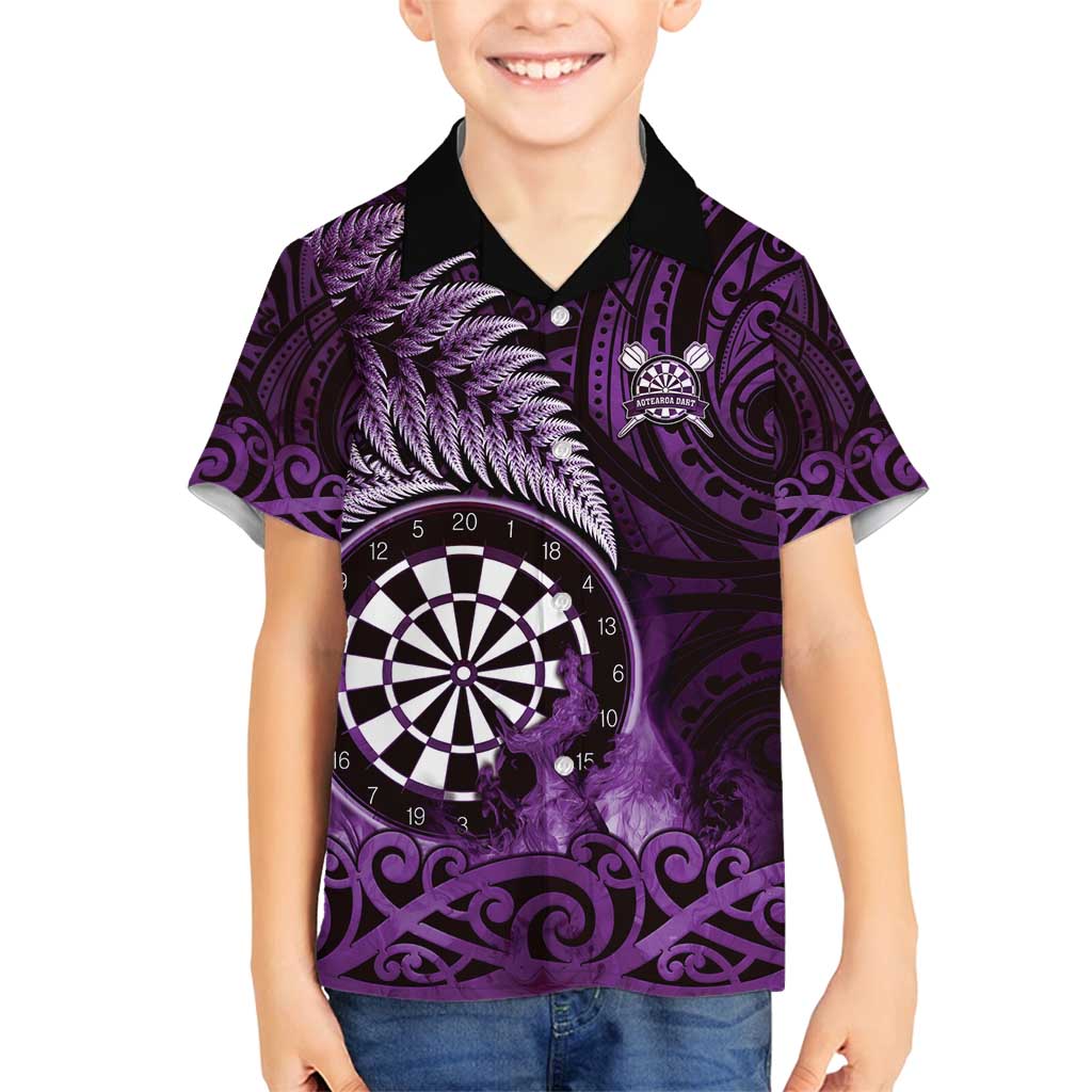 Personalised New Zealand Darts Family Matching Summer Maxi Dress and Hawaiian Shirt Maori Koru Dartboard Purple Flame LT05 Son's Shirt Purple - Polynesian Pride