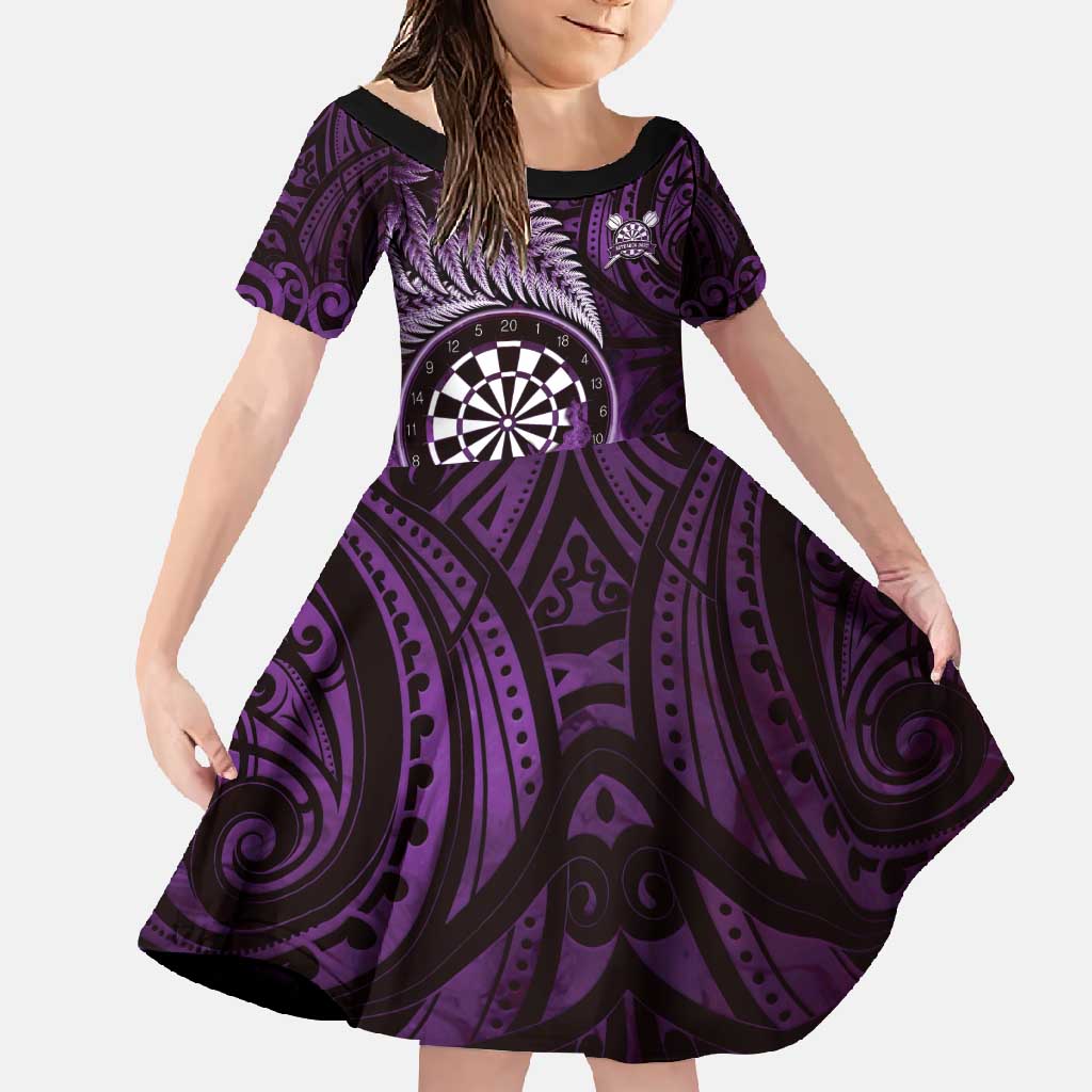 Personalised New Zealand Darts Family Matching Tank Maxi Dress and Hawaiian Shirt Maori Koru Dartboard Purple Flame LT05 Daughter's Dress Purple - Polynesian Pride