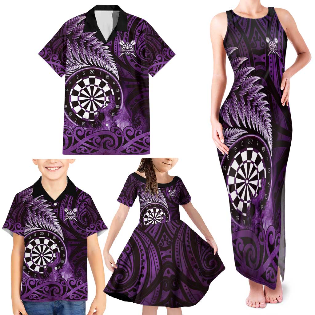Personalised New Zealand Darts Family Matching Tank Maxi Dress and Hawaiian Shirt Maori Koru Dartboard Purple Flame LT05 - Polynesian Pride