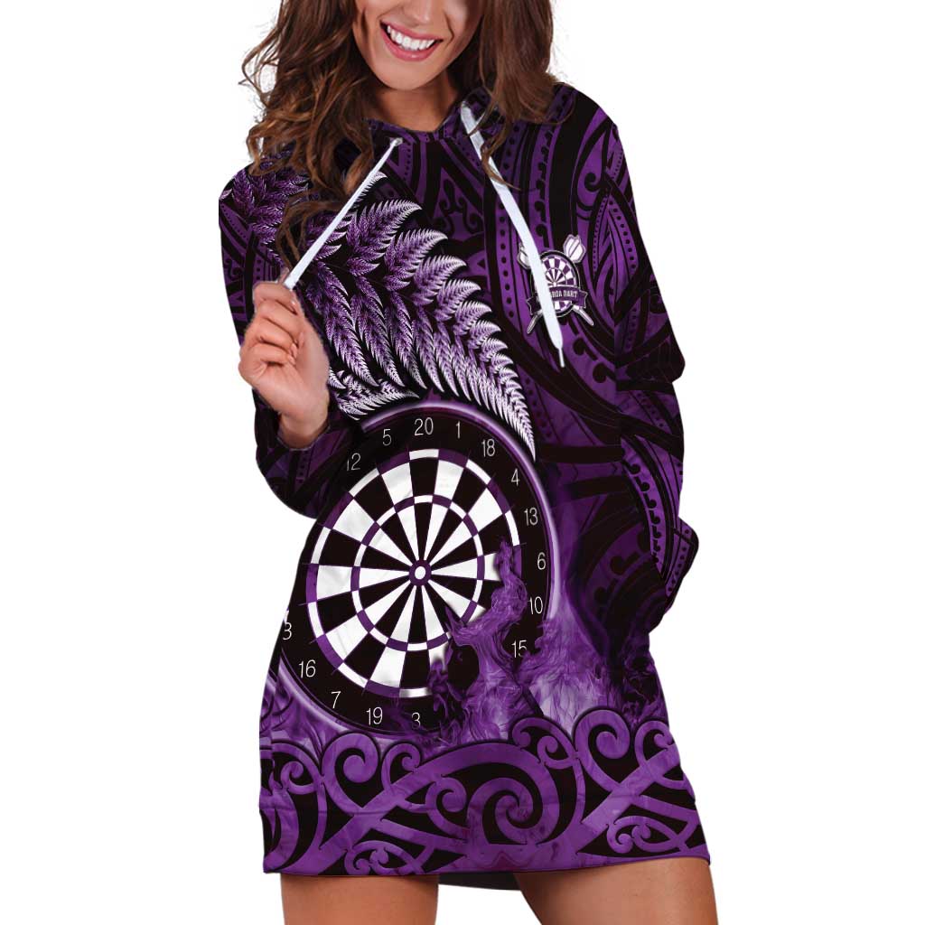 Personalised New Zealand Darts Hoodie Dress Maori Koru Dartboard Purple Flame