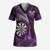 Personalised New Zealand Darts Scrub Top Maori Koru Dartboard Purple Flame - Polynesian Pride