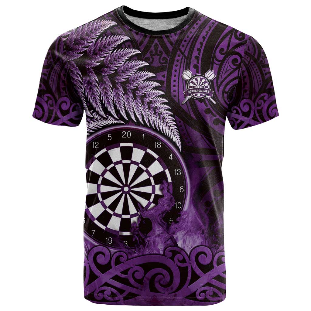 Personalised New Zealand Darts T Shirt Maori Koru Dartboard Purple Flame