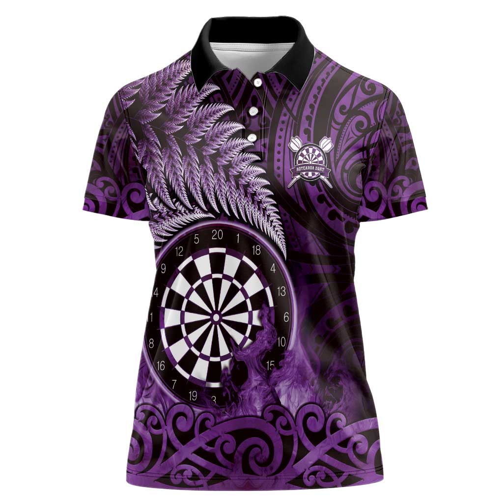 Personalised New Zealand Darts Women Polo Shirt Maori Koru Dartboard Purple Flame
