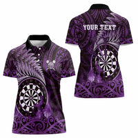Personalised New Zealand Darts Women Polo Shirt Maori Koru Dartboard Purple Flame