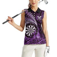 Personalised New Zealand Darts Women Sleeveless Polo Shirt Maori Koru Dartboard Purple Flame