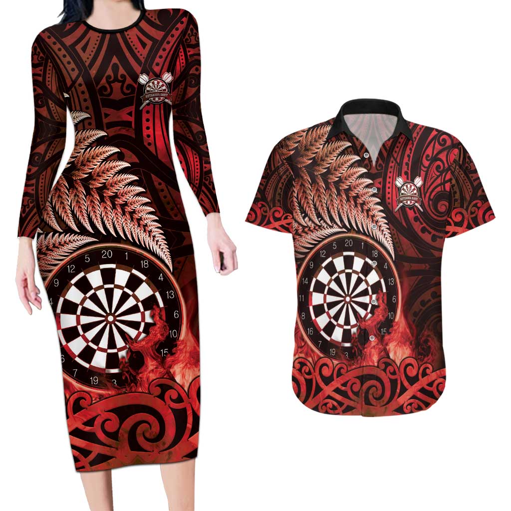 Personalised New Zealand Darts Couples Matching Long Sleeve Bodycon Dress and Hawaiian Shirt Maori Koru Dartboard Red Flame LT05 Red - Polynesian Pride