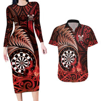 Personalised New Zealand Darts Couples Matching Long Sleeve Bodycon Dress and Hawaiian Shirt Maori Koru Dartboard Red Flame LT05 Red - Polynesian Pride