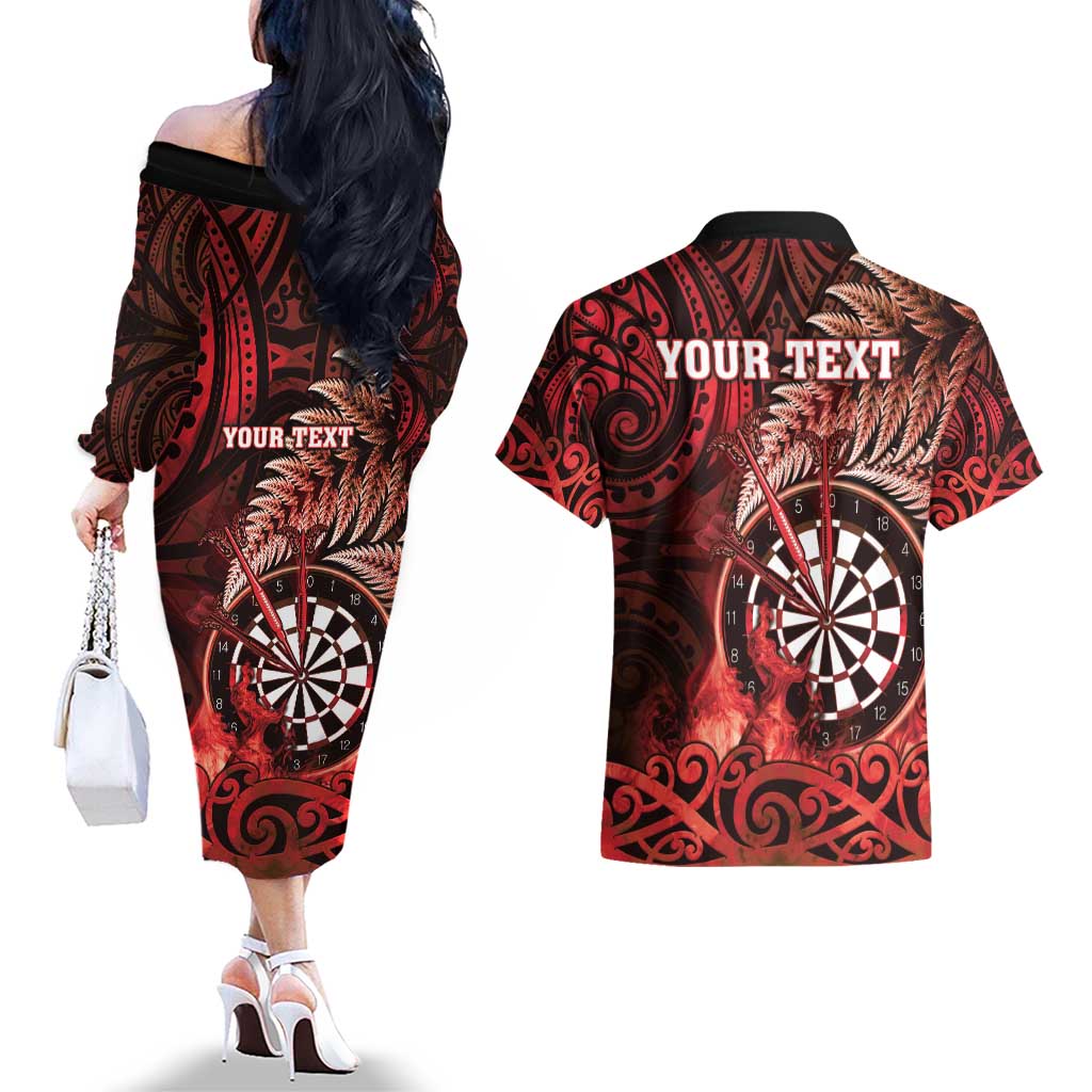 Personalised New Zealand Darts Couples Matching Off The Shoulder Long Sleeve Dress and Hawaiian Shirt Maori Koru Dartboard Red Flame LT05 - Polynesian Pride