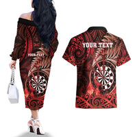 Personalised New Zealand Darts Couples Matching Off The Shoulder Long Sleeve Dress and Hawaiian Shirt Maori Koru Dartboard Red Flame LT05 - Polynesian Pride