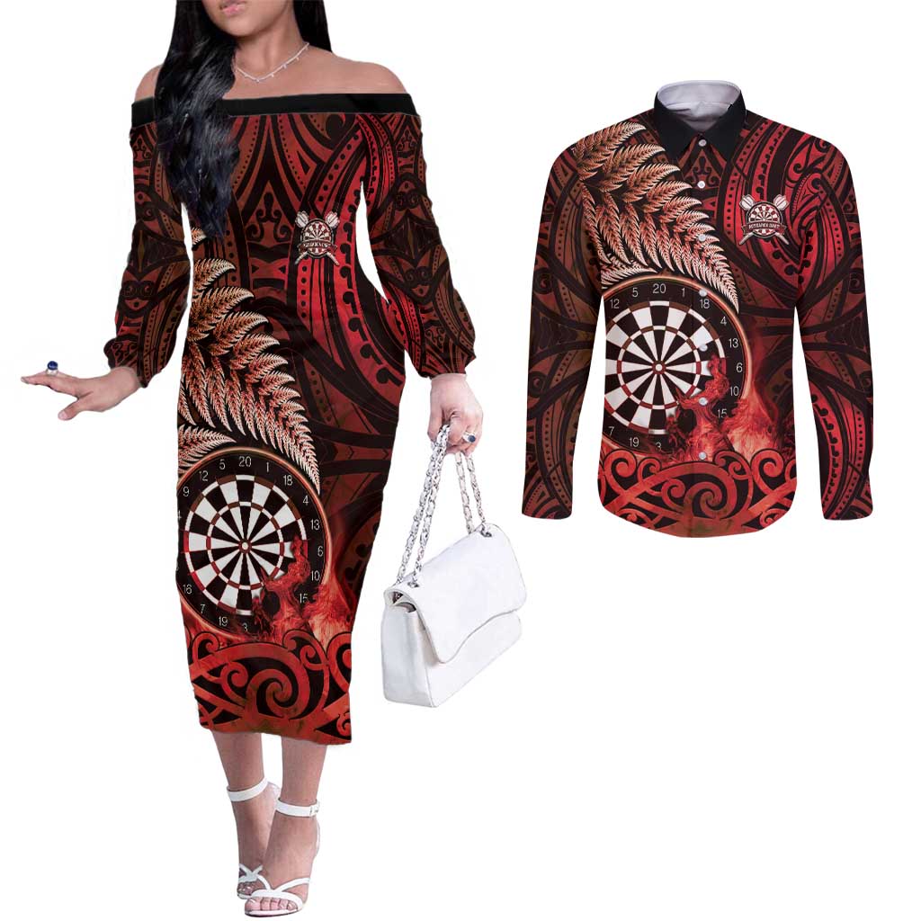 Personalised New Zealand Darts Couples Matching Off The Shoulder Long Sleeve Dress and Long Sleeve Button Shirt Maori Koru Dartboard Red Flame LT05 Red - Polynesian Pride