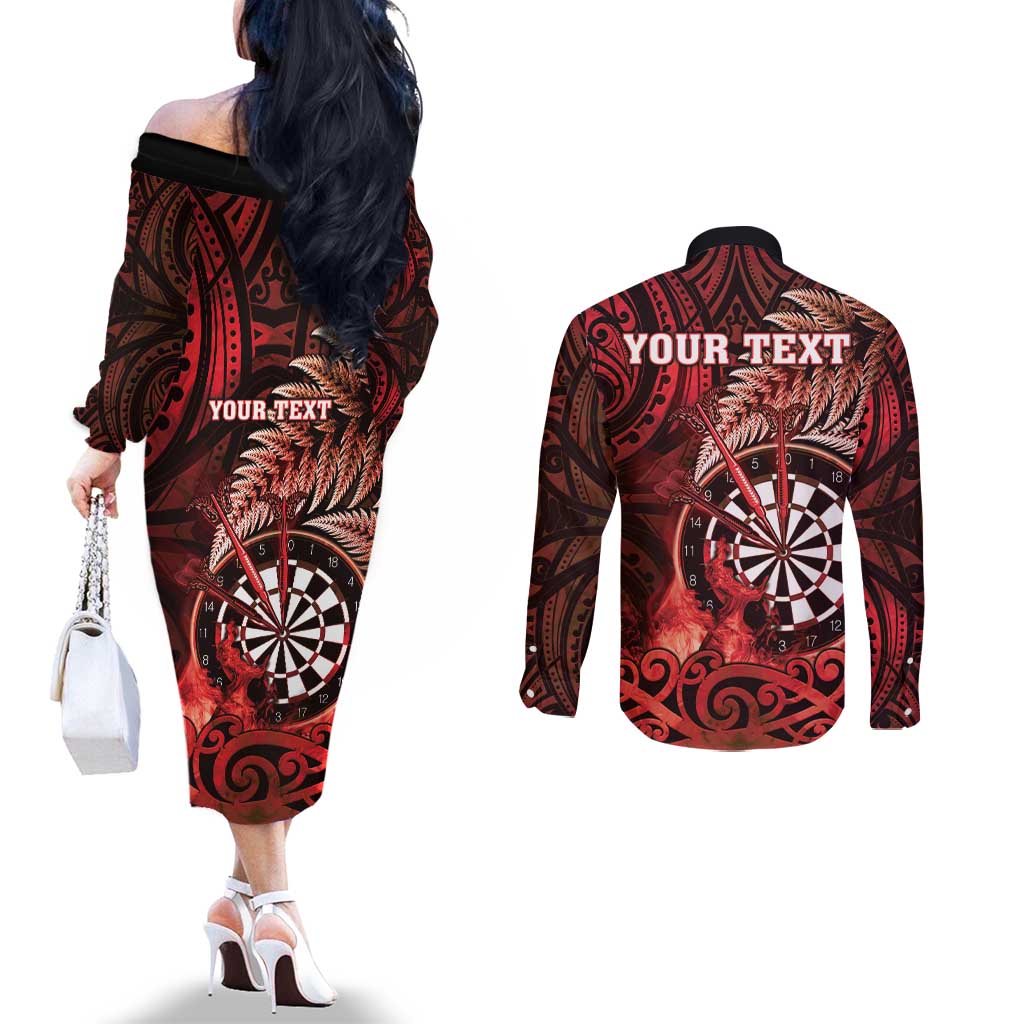 Personalised New Zealand Darts Couples Matching Off The Shoulder Long Sleeve Dress and Long Sleeve Button Shirt Maori Koru Dartboard Red Flame LT05 - Polynesian Pride