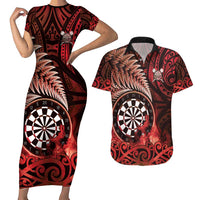 Personalised New Zealand Darts Couples Matching Short Sleeve Bodycon Dress and Hawaiian Shirt Maori Koru Dartboard Red Flame LT05 Red - Polynesian Pride