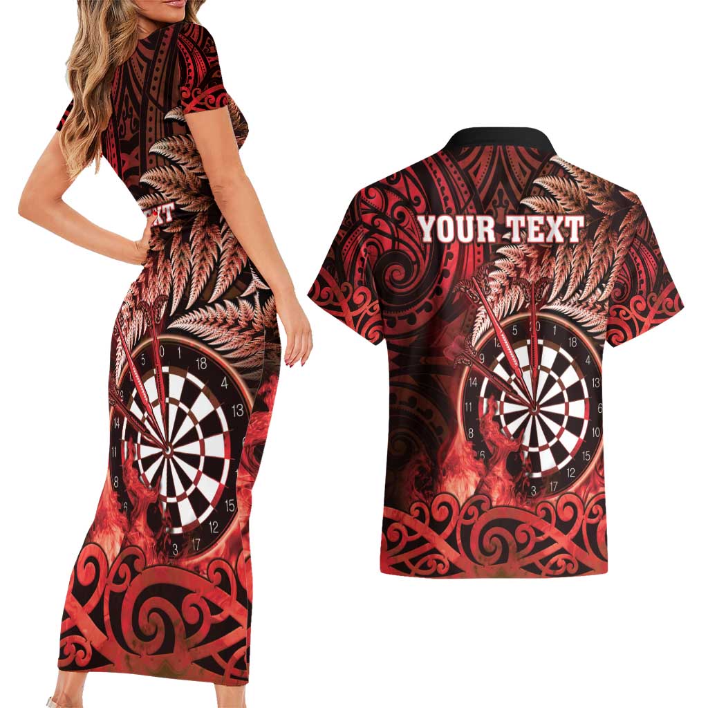 Personalised New Zealand Darts Couples Matching Short Sleeve Bodycon Dress and Hawaiian Shirt Maori Koru Dartboard Red Flame LT05 - Polynesian Pride