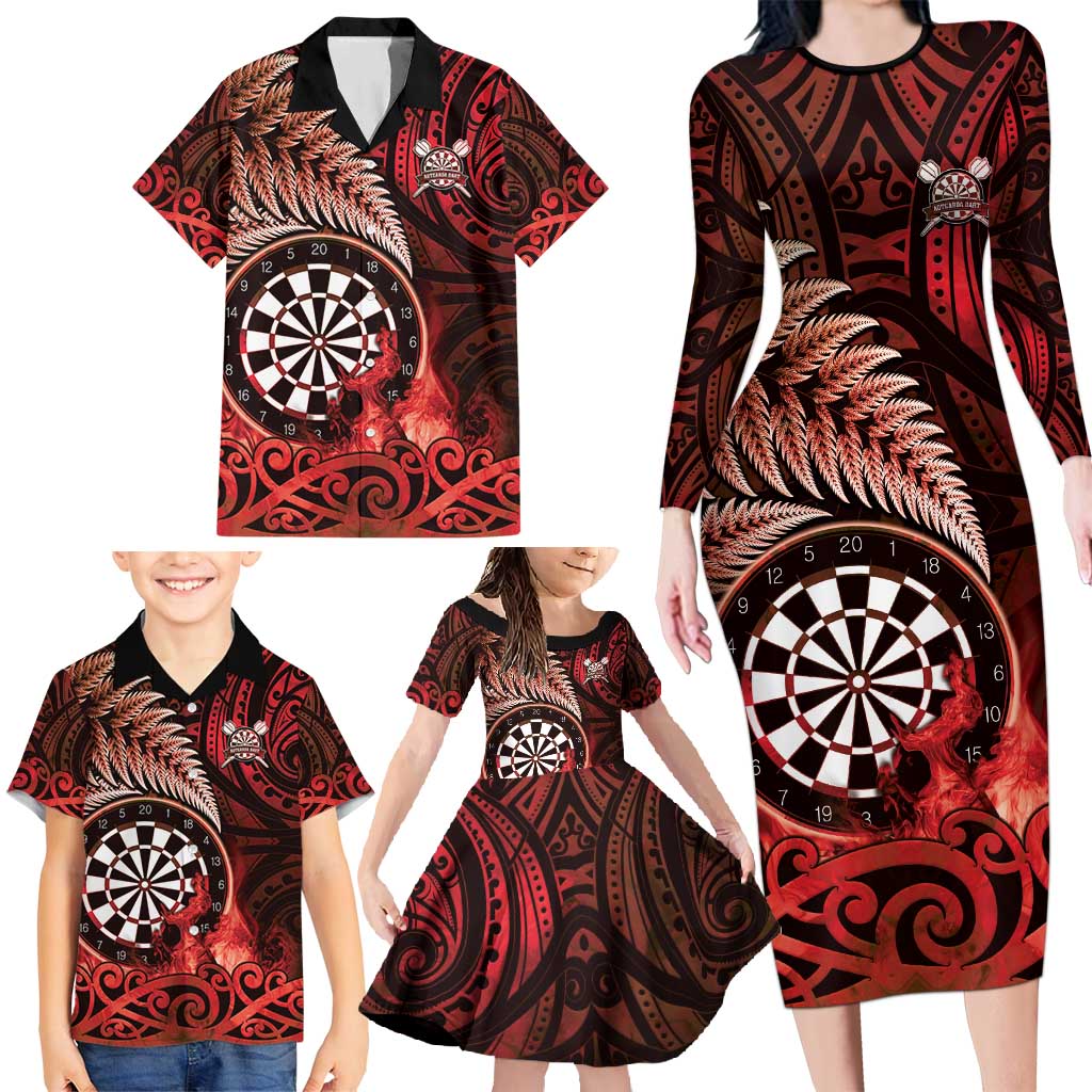 Personalised New Zealand Darts Family Matching Long Sleeve Bodycon Dress and Hawaiian Shirt Maori Koru Dartboard Red Flame LT05 - Polynesian Pride