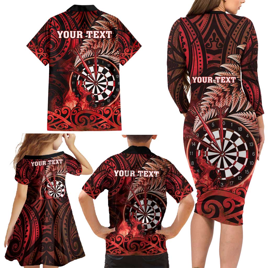 Personalised New Zealand Darts Family Matching Long Sleeve Bodycon Dress and Hawaiian Shirt Maori Koru Dartboard Red Flame LT05 - Polynesian Pride