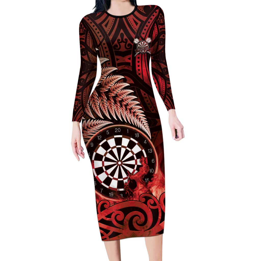 Personalised New Zealand Darts Family Matching Long Sleeve Bodycon Dress and Hawaiian Shirt Maori Koru Dartboard Red Flame LT05 Mom's Dress Red - Polynesian Pride