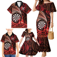 Personalised New Zealand Darts Family Matching Mermaid Dress and Hawaiian Shirt Maori Koru Dartboard Red Flame LT05 - Polynesian Pride