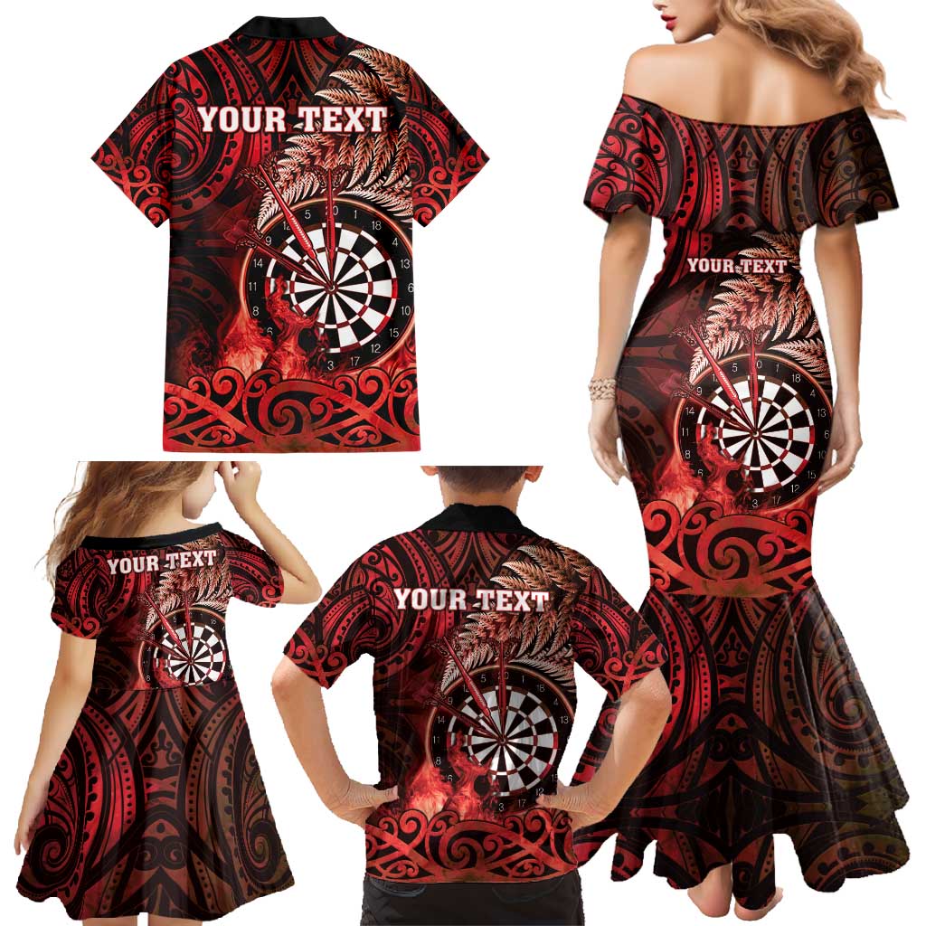 Personalised New Zealand Darts Family Matching Mermaid Dress and Hawaiian Shirt Maori Koru Dartboard Red Flame LT05 - Polynesian Pride