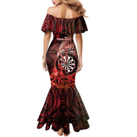 Personalised New Zealand Darts Family Matching Mermaid Dress and Hawaiian Shirt Maori Koru Dartboard Red Flame LT05 - Polynesian Pride