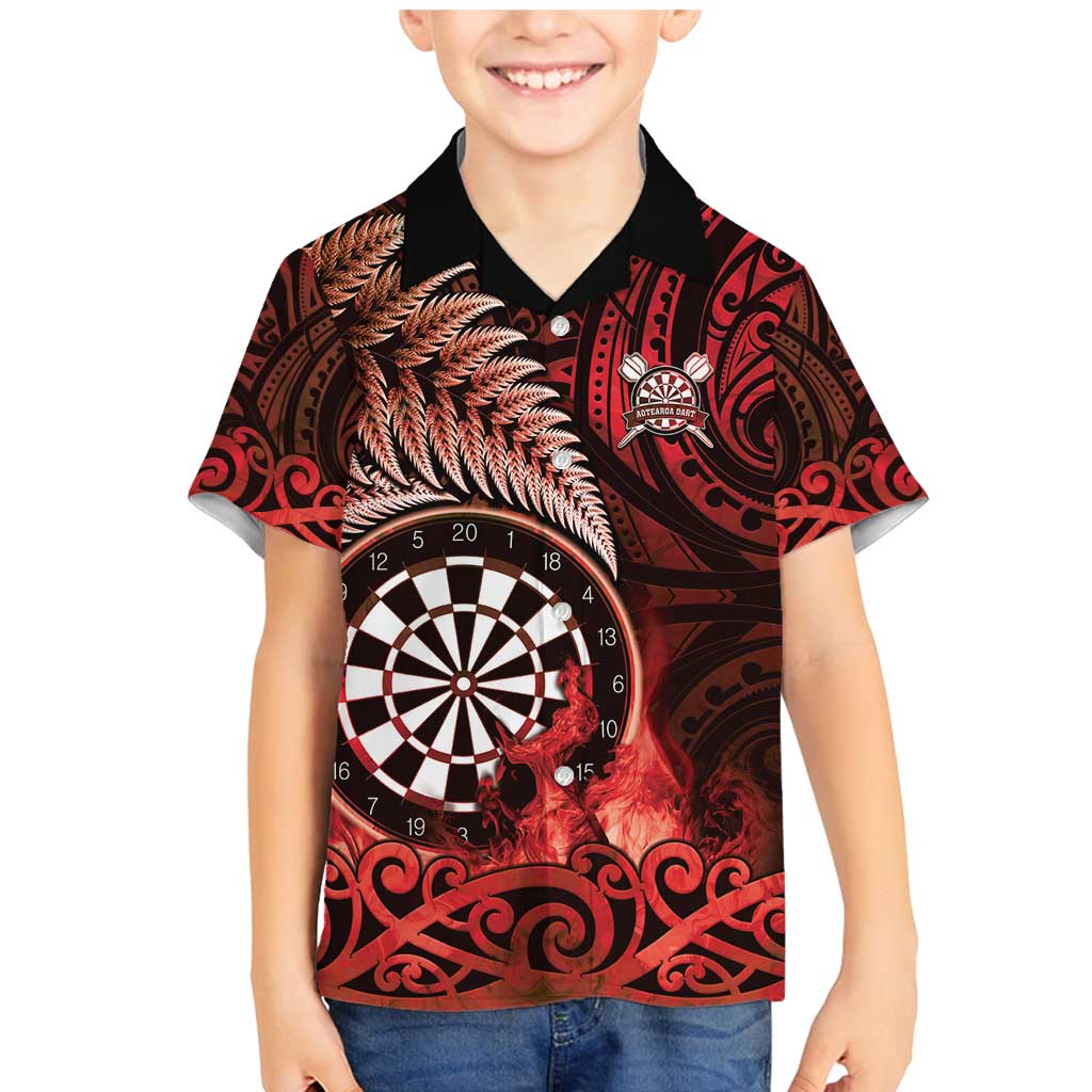 Personalised New Zealand Darts Family Matching Mermaid Dress and Hawaiian Shirt Maori Koru Dartboard Red Flame LT05 Son's Shirt Red - Polynesian Pride