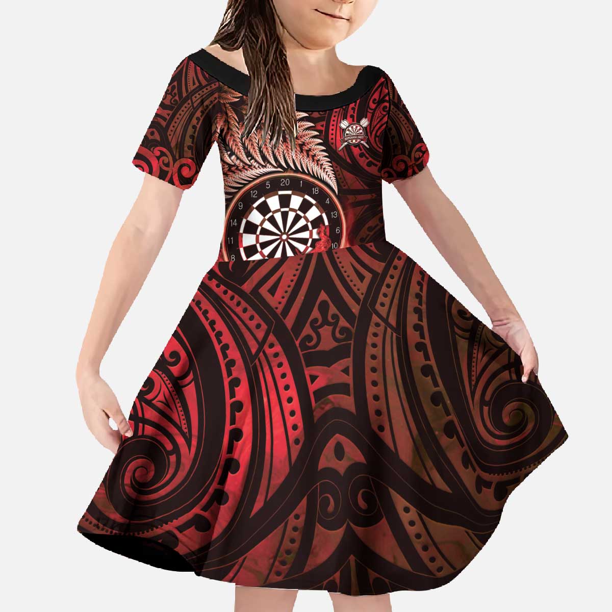 Personalised New Zealand Darts Family Matching Off The Shoulder Long Sleeve Dress and Hawaiian Shirt Maori Koru Dartboard Red Flame LT05 Daughter's Dress Red - Polynesian Pride