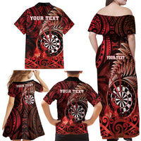 Personalised New Zealand Darts Family Matching Off Shoulder Maxi Dress and Hawaiian Shirt Maori Koru Dartboard Red Flame LT05 - Polynesian Pride