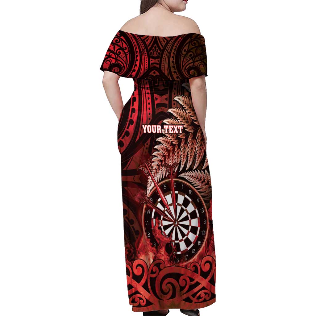 Personalised New Zealand Darts Family Matching Off Shoulder Maxi Dress and Hawaiian Shirt Maori Koru Dartboard Red Flame LT05 - Polynesian Pride