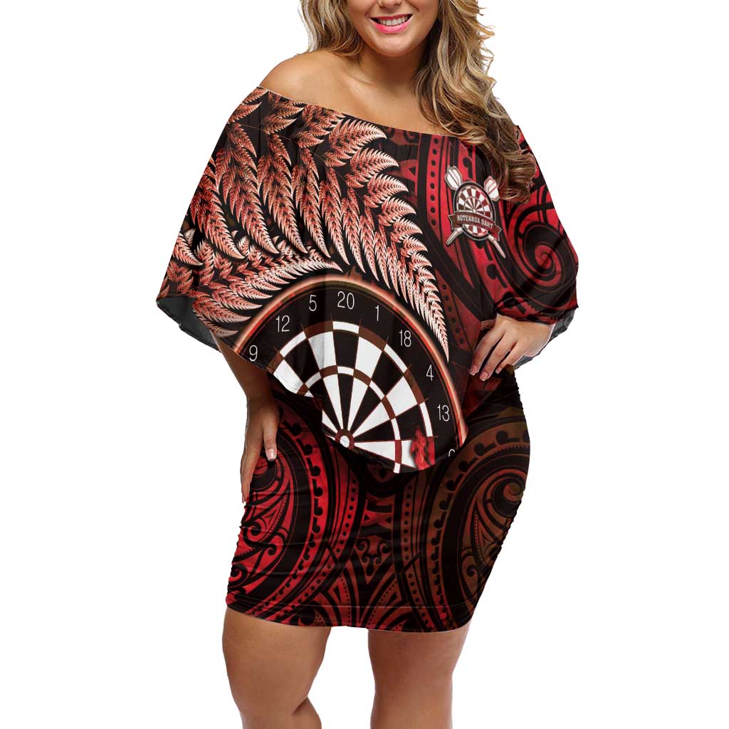 Personalised New Zealand Darts Family Matching Off Shoulder Short Dress and Hawaiian Shirt Maori Koru Dartboard Red Flame LT05 Mom's Dress Red - Polynesian Pride