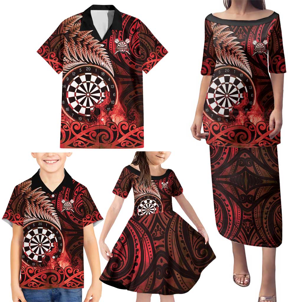 Personalised New Zealand Darts Family Matching Puletasi and Hawaiian Shirt Maori Koru Dartboard Red Flame LT05 - Polynesian Pride
