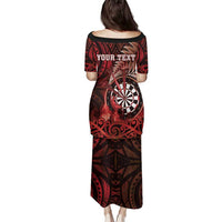 Personalised New Zealand Darts Family Matching Puletasi and Hawaiian Shirt Maori Koru Dartboard Red Flame LT05 - Polynesian Pride