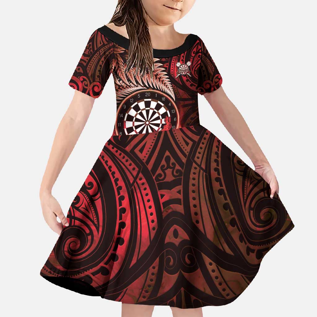 Personalised New Zealand Darts Family Matching Short Sleeve Bodycon Dress and Hawaiian Shirt Maori Koru Dartboard Red Flame LT05 Daughter's Dress Red - Polynesian Pride