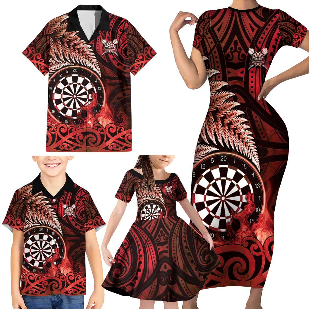 Personalised New Zealand Darts Family Matching Short Sleeve Bodycon Dress and Hawaiian Shirt Maori Koru Dartboard Red Flame LT05 - Polynesian Pride