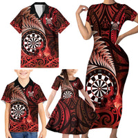 Personalised New Zealand Darts Family Matching Short Sleeve Bodycon Dress and Hawaiian Shirt Maori Koru Dartboard Red Flame LT05 - Polynesian Pride