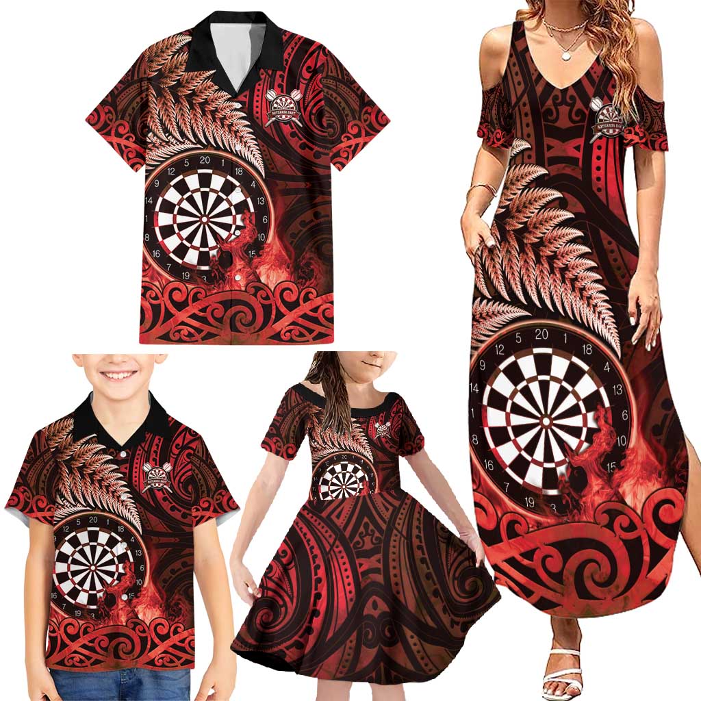 Personalised New Zealand Darts Family Matching Summer Maxi Dress and Hawaiian Shirt Maori Koru Dartboard Red Flame LT05 - Polynesian Pride